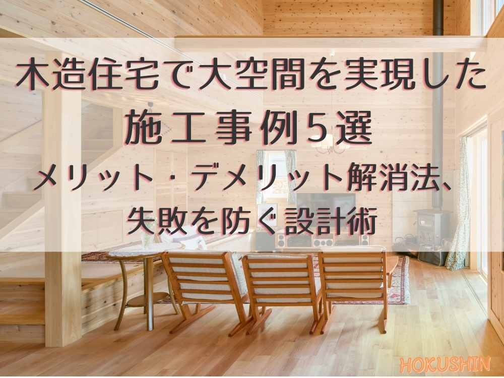 アイキャッチ｜木造住宅で大空間を実現した施工事例5選｜メリット・デメリット解消法、失敗を防ぐ設計術【北杜市 新築 工務店】